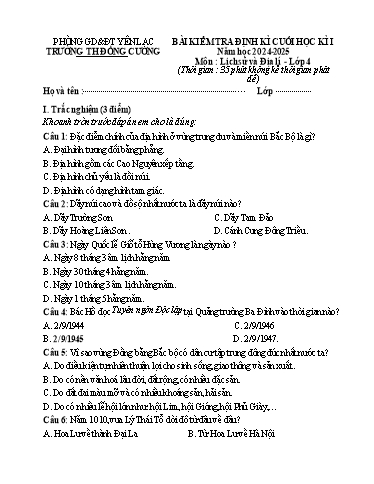 Bài kiểm tra định kì cuối học kì I môn Lịch sử và Địa lí Lớp 4 - Năm học 2024-2025 - Trường Tiểu học Đồng Cương (Có đáp án)