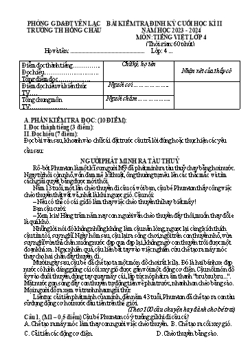Bài kiểm tra định kỳ cuối học kì II môn Tiếng Việt Lớp 4 - Năm học 2023-2024 - Trường Tiểu học Hồng Châu