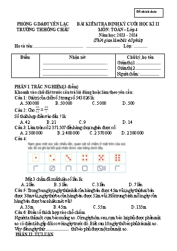 Bài kiểm tra định kỳ cuối học kì II môn Toán Lớp 4 - Năm học 2023-2024 - Trường Tiểu học Hồng Châu