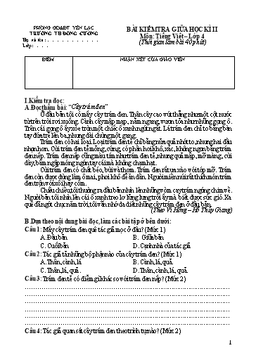 Bài kiểm tra giữa học kì II môn Tiếng Việt Lớp 4 - Năm học 2018-2019 - Trường Tiểu học Đồng Cương (Có đáp án + ma trận)