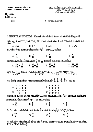 Bài kiểm tra giữa học kì II môn Toán Lớp 4 - Trường Tiểu học Đồng Cương (Có đáp án + ma trận)