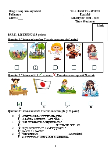 Bài kiểm tra học kì I môn Tiếng Anh Lớp 5 - Năm học 2024-2025 - Dong Cuong Primary School