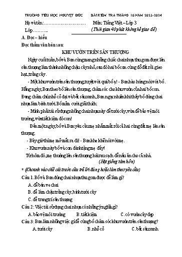 Bài kiểm tra tháng 10 môn Tiếng Việt Lớp 3 - Năm học 2023-2024 - Trường Tiểu học Nguyệt Đức