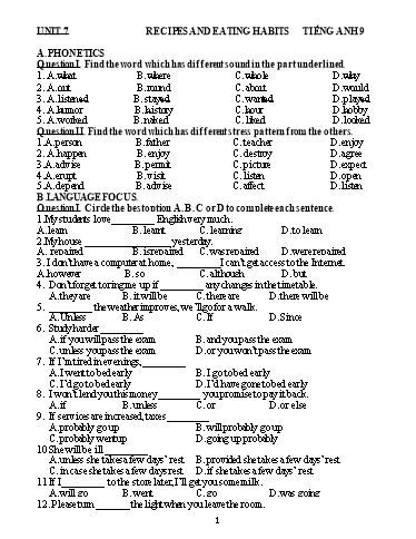 Bài tập ôn tập môn Tiếng Anh Khối 9 - Unit 7: Recipes and eating habits