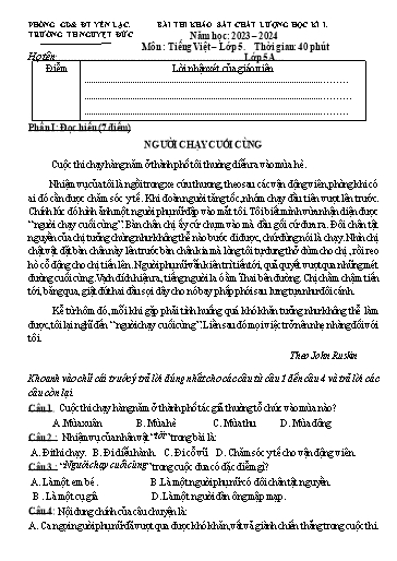 Bài thi khảo sát chất lượng học kì I môn Tiếng Việt Lớp 5 - Năm học 2023-2024 - Trường Tiểu học Nguyệt Đức