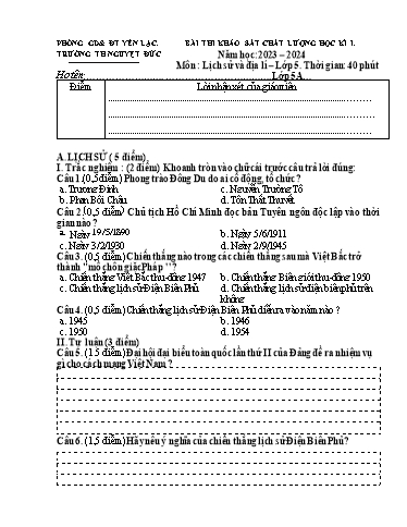 Đề khảo sát chất lượng học kì I môn Lịch sử và Địa lí Lớp 5 - Năm học 2023-2024 - Trường Tiểu học Nguyệt Đức