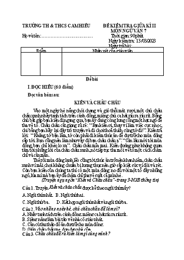 Đề kiểm tra giữa học kì II môn Ngữ Văn Lớp 7 - Năm học 2022-2023 - Trường TH&THCS Cam Hiếu