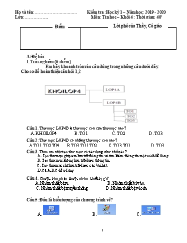 Đề kiểm tra học kì I môn Tin học Lớp 4 - Năm học 2019-2020 - Nguyễn Thị Thủy