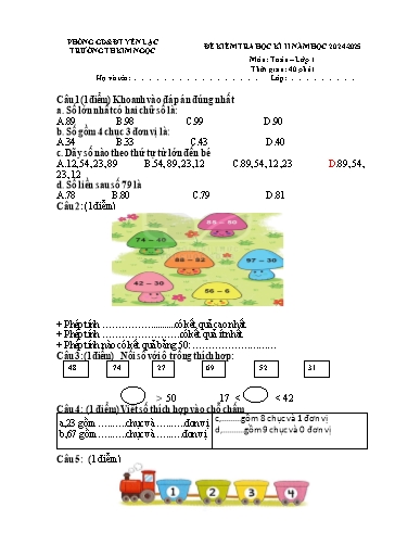 Đề kiểm tra học kì II môn Toán Lớp 1 - Năm học 2024-2025 - Trường Tiểu học Kim Ngọc (Có đáp án)