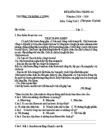 Đề kiểm tra tháng 4 môn Tiếng Việt Lớp 2 - Năm học 2024-2025 - Trường Tiểu học Đồng Cương (Có đáp án)