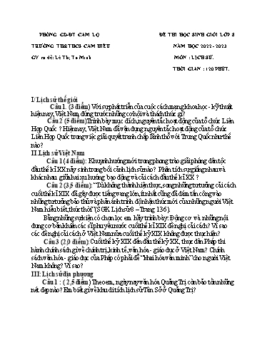Đề thi chọn học sinh giỏi môn Lịch sử Lớp 8 - Năm học 2022-2023 - Lê Thị Tư Minh (Có đáp án)