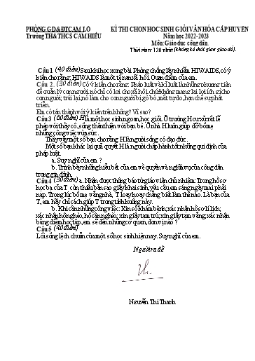 Đề thi chọn học sinh giỏi văn hoá cấp huyện môn GDCD Lớp 8 - Năm học 2022-2023 - Nguyễn Thị Thanh (Có đáp án)