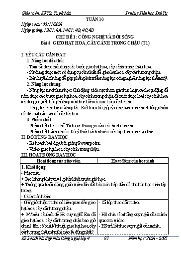 Giáo án Công nghệ Lớp 4 - Tuần 10 - Bài 4: Gieo hạt hoa, cây cảnh trong chậu (Tiết 1) - Năm học 2024-2025 - Đỗ Thị Tuyết Mai