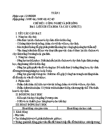 Giáo án Công nghệ Lớp 4 - Tuần 2 - Bài 1: Lợi ích của hoa và cây cảnh (Tiết 2) - Năm học 2024-2025 - Trường Tiểu học Đại Tự