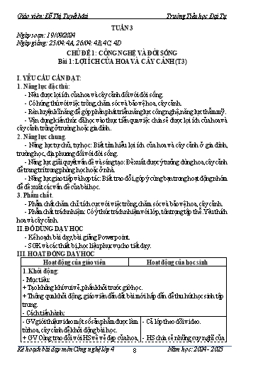 Giáo án Công nghệ Lớp 4 - Tuần 3 - Bài 1: Lợi ích của hoa và cây cảnh (Tiết 3) - Năm học 2024-2025 - Đỗ Thị Tuyết Mai