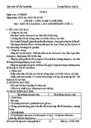 Giáo án Công nghệ Lớp 4 - Tuần 4 - Bài 2: Một số loại hoa, cây cảnh phổ biến (Tiết 1) - Năm học 2024-2025 - Đỗ Thị Tuyết Mai