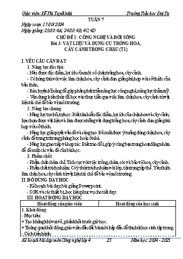 Giáo án Công nghệ Lớp 4 - Tuần 7 - Bài 3: Vật liệu và dụng cụ trồng hoa, cây cảnh trong chậu (Tiết 1) - Năm học 2024-2025 - Đỗ Thị Tuyết Mai
