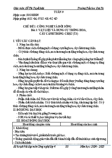 Giáo án Công nghệ Lớp 4 - Tuần 9 - Bài 3: Vật liệu và dụng cụ trồng hoa, cây cảnh trong chậu (Tiết 3) - Năm học 2024-2025 - Đỗ Thị Tuyết Mai