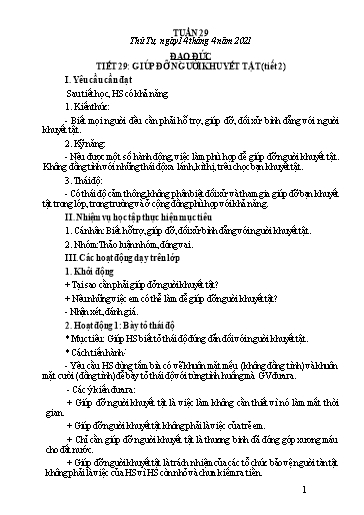 Giáo án Đạo đức Lớp 2 - Tiết 29: Giúp đỡ người khuyết tật (Tiết 2) - Năm học 2020-2021