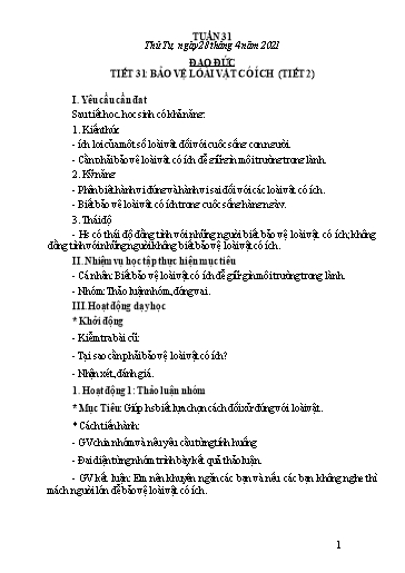 Giáo án Đạo đức Lớp 2 - Tiết 31: Bảo vệ loài vật có ích (Tiết 2) - Năm học 2020-2021