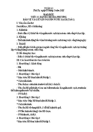 Giáo án Đạo đức Lớp 2 - Tiết 32: Dành cho địa phương bảo vệ và giữ gìn nguồn nước sạch (Tiết 1) - Năm học 2020-2021
