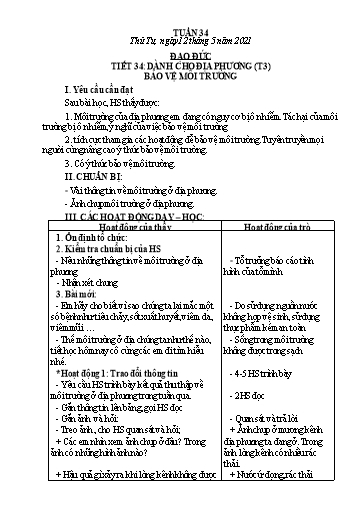 Giáo án Đạo đức Lớp 2 - Tiết 34: Dành cho địa phương bảo vệ môi trường (Tiết 3) - Năm học 2020-2021
