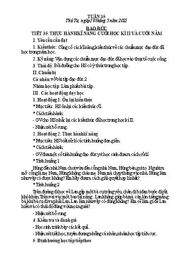 Giáo án Đạo đức Lớp 2 - Tiết 35: Thực hành kĩ năng cuối học kì II và cuối năm - Năm học 2020-2021