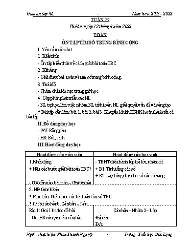 Giáo án Lớp 4 - Tuần 29 - Năm học 2021-2022 - Phan Thanh Nguyệt