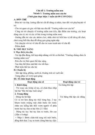 Giáo án Mầm non Lớp Chồi - Chủ đề 1: Trường Mầm non. Chủ đề nhánh 1: Trường mầm non của bé - Năm học 2024-2025 - Trường Mầm non Trung Hà