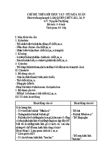 Giáo án Mầm non Lớp Lá - Chủ đề: Thế giới thực vật - Tết mùa xuân. Đề tài: Làm quen chữ cái l, m, n - Nguyễn Thị Hồng