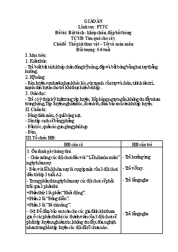 Giáo án Mầm non Lớp Lá - Chủ đề: Thế giới thực vật – Tết và mùa xuân. Đề tài: Bật tách - Khép chân, đập bắt bóng. Trò chơi: Tìm quả cho cây