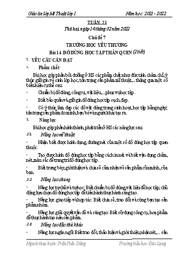 Giáo án Mĩ thuật Lớp 1 - Tuần 21, Bài 14: Đồ dùng học tập thân quen (2 tiết) - Năm học 2021-2022 - Trần Tiến Dũng