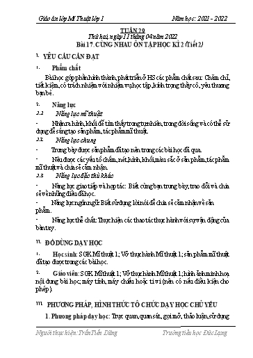 Giáo án Mĩ thuật Lớp 1 - Tuần 29, Bài 17: Cùng nhau ôn tập học kì 2 (Tiết 2) - Năm học 2021-2022 - Trần Tiến Dũng