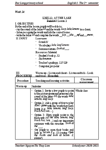 Giáo án Tiếng Anh Lớp 1 - Period 47+48, Unit 12: At the lake - School year 2020-2021 - Nguyen Thi Thuy Lien