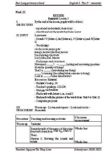 Giáo án Tiếng Anh Lớp 1 - Period 49+50: Review. Self - Check - School year 2020-2021 - Nguyen Thi Thuy Lien