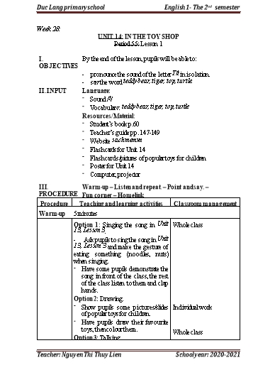 Giáo án Tiếng Anh Lớp 1 - Period 55+56, Unit 14: In the toy shop. Lesson 1 - School year 2020-2021 - Nguyen Thi Thuy Lien