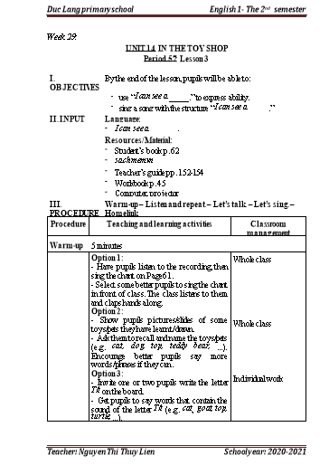 Giáo án Tiếng Anh Lớp 1 - Period 57+58, Unit 14: In the toy shop - School year 2020-2021 - Nguyen Thi Thuy Lien