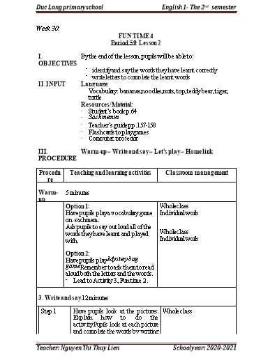 Giáo án Tiếng Anh Lớp 1 - Period 59+60, Unit 15: At the football match - School year 2020-2021 - Nguyen Thi Thuy Lien
