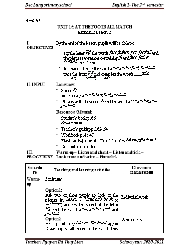 Giáo án Tiếng Anh Lớp 1 - Period 61+62, Unit 15: At the football match - School year 2020-2021 - Nguyen Thi Thuy Lien