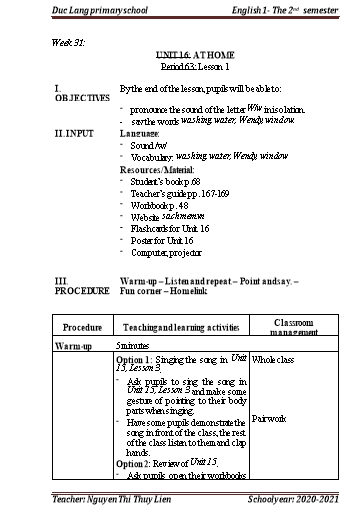 Giáo án Tiếng Anh Lớp 1 - Period 63+64, Unit 16: At home - School year 2020-2021 - Nguyen Thi Thuy Lien