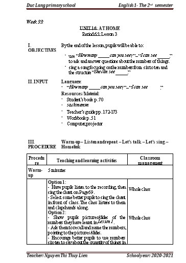 Giáo án Tiếng Anh Lớp 1 - Period 65+66, Unit 16: At home - School year 2020-2021 - Nguyen Thi Thuy Lien