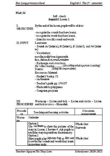 Giáo án Tiếng Anh Lớp 1 - Week 34, Period 67+68 - School year 2020-2021 - Nguyen Thi Thuy Lien