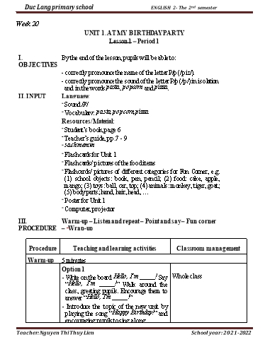 Giáo án Tiếng Anh Lớp 2 - Period 1, Unit 1: At my birthday party. Lesson 1 - School year 2021-2022 - Nguyen Thi Thuy Lien