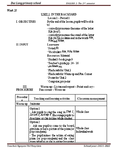 Giáo án Tiếng Anh Lớp 2 - Period 1, Unit 2: In the backyard. Lesson 1 - School year 2021-2022 - Nguyen Thi Thuy Lien