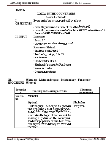 Giáo án Tiếng Anh Lớp 2 - Period 1, Unit 4: In the countryside. Lesson 1 - School year 2021-2022 - Nguyen Thi Thuy Lien