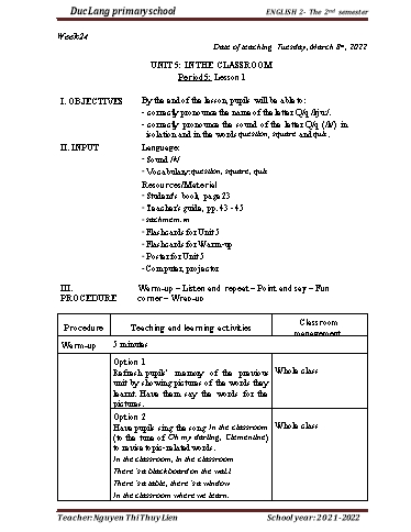 Giáo án Tiếng Anh Lớp 2 - Period 5, Unit 5: In the classroom. Lesson 1 - School year 2021-2022 - Nguyen Thi Thuy Lien