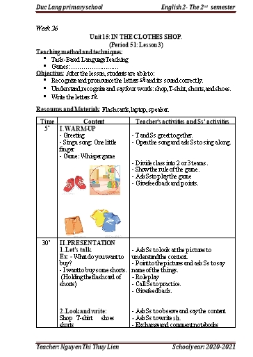 Giáo án Tiếng Anh Lớp 2 - Period 51+52, Unit 15: In the clothes shop - School year 2020-2021 - Nguyen Thi Thuy Lien