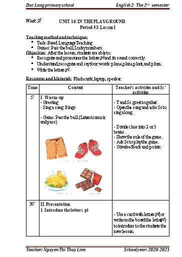 Giáo án Tiếng Anh Lớp 2 - Period 53+54, Unit 16: In the playground - School year 2020-2021 - Nguyen Thi Thuy Lien
