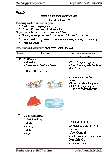 Giáo án Tiếng Anh Lớp 2 - Period 57+58, Unit 17: In the mountain - School year 2020-2021 - Nguyen Thi Thuy Lien