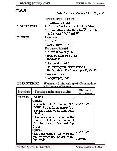 Giáo án Tiếng Anh Lớp 2 - Period 6, Unit 6: On the farm. Lesson 1 - School year 2021-2022 - Nguyen Thi Thuy Lien